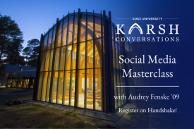 The image shows a glass-walled Duke building lit from within at sunset with the Karsh Conversations logo and the title of the event.